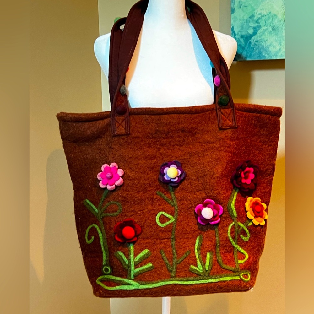 Anthropologie Rising Tide 🌺 Nepal Boiled Felted Wool Tote XL Large Purse Flowers